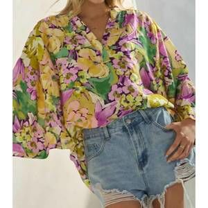 NEW ODDI floral printed batwing oversized blouse in green/multi